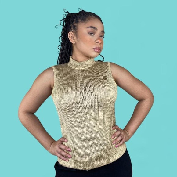 Vintage 80s/90s Sparkly Knit Turtleneck Vest - Picture 2 of 4
